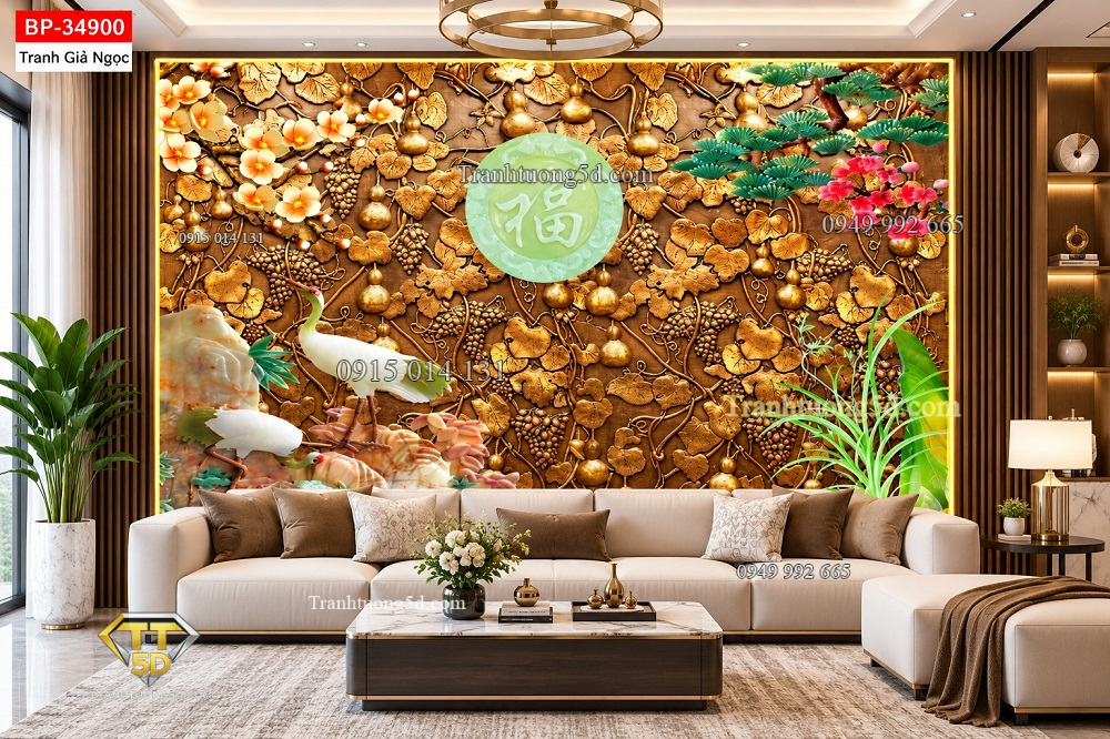 Tranh giả ngọc dán tường phúc lộc hồ lô tùng hạc phòng khách 34900