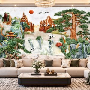 Tranh giả ngọc dán tường sơn thủy tùng hạc phong cảnh phòng khách 35319