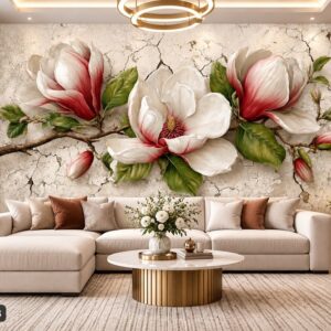 Tranh hoa mộc lan dán tường phòng khách cành hoa trắng đỏ nền giả cổ ab1743527338