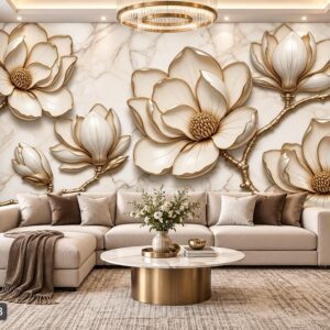 Tranh hoa mộc lan dán tường phòng khách hiệu ứng phù điêu 3d ánh kim sang trọng ab1706413943