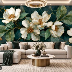 Tranh hoa mộc lan dán tường phòng khách hoa trắng nền xanh ngọc nghệ thuật ab1762154036