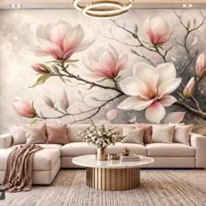 Tranh hoa mộc lan dán tường phòng khách sắc trắng hồng nghệ thuật ab1710646867
