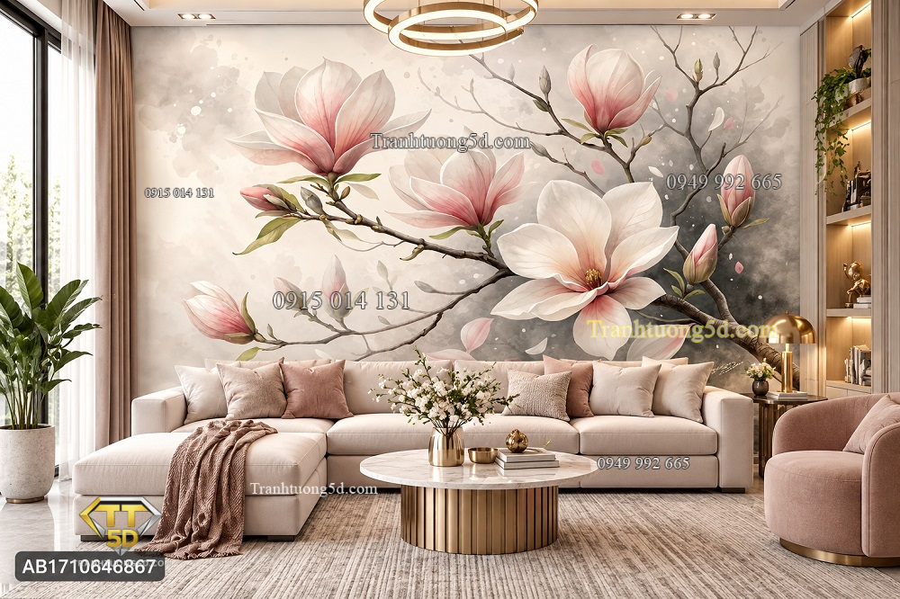 Tranh hoa mộc lan dán tường phòng khách sắc trắng hồng nghệ thuật ab1710646867