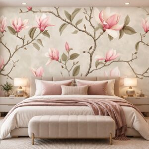 Tranh hoa mộc lan dán tường phòng ngủ cành hoa hồng nền kem thanh lịch ab973012681