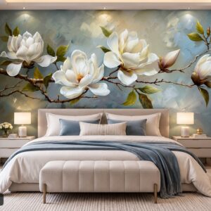 Tranh hoa mộc lan dán tường phòng ngủ cành hoa trắng nền xanh nghệ thuật ab777635925