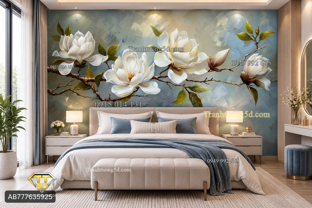 Tranh hoa mộc lan dán tường phòng ngủ cành hoa trắng nền xanh nghệ thuật ab777635925