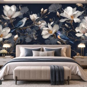 Tranh hoa mộc lan dán tường phòng ngủ chim và hoa nền xanh đậm ab1765623592