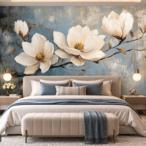 Tranh hoa mộc lan dán tường phòng ngủ nghệ thuật hoa trắng nền xanh ab982812897