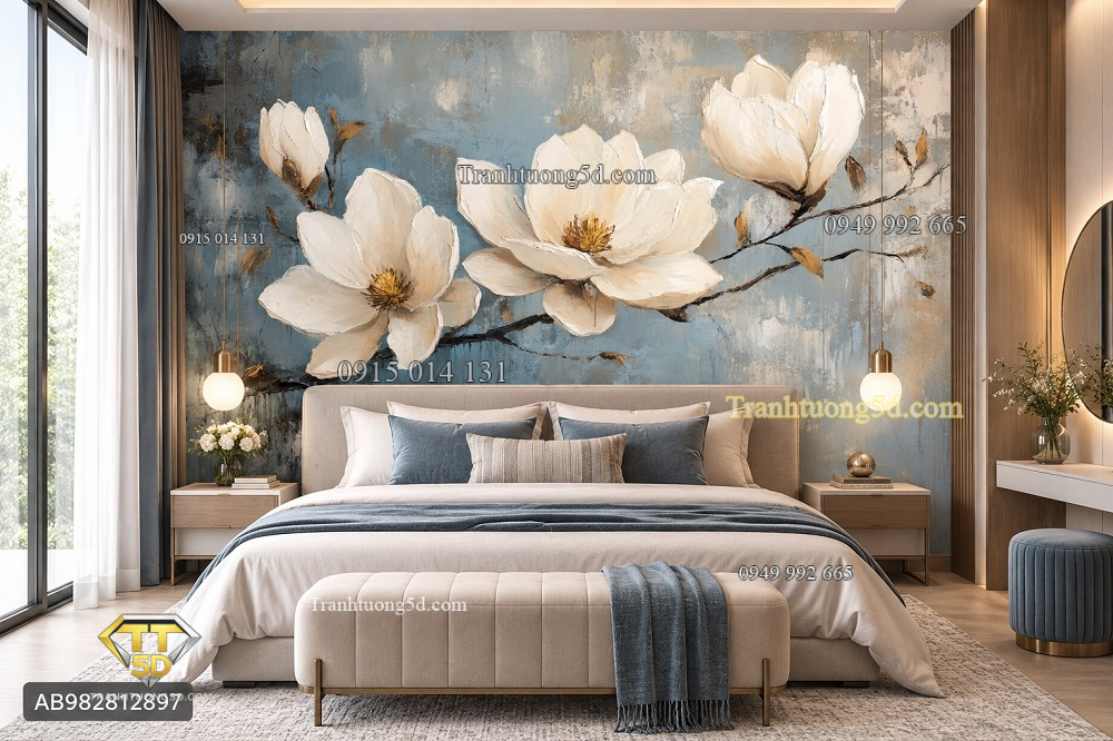 Tranh hoa mộc lan dán tường phòng ngủ nghệ thuật hoa trắng nền xanh ab982812897