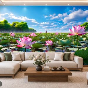 Tranh hoa sen dán tường phòng khách đầm sen rộng lớn dưới bầu trời xanh ab687736876
