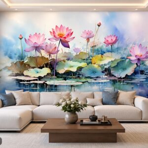 Tranh hoa sen dán tường phòng khách nghệ thuật màu nước hồ sen thanh bình ab668688126