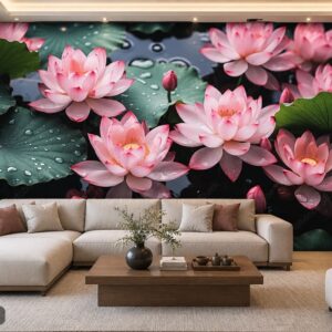Tranh hoa sen dán tường phòng khách sen hồng giọt sương ab867012256