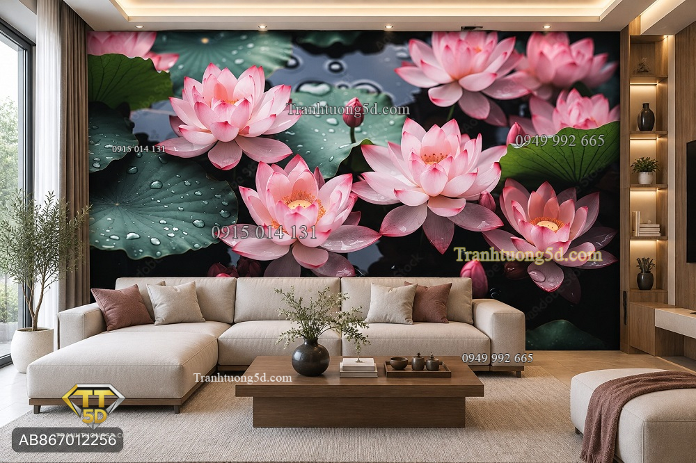 Tranh hoa sen dán tường phòng khách sen hồng giọt sương ab867012256
