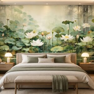 Tranh hoa sen dán tường phòng ngủ đầm sen nghệ thuật sương mờ ab690253303