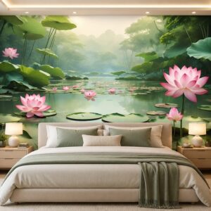 Tranh hoa sen dán tường phòng ngủ hồ sen bình yên ab930103114