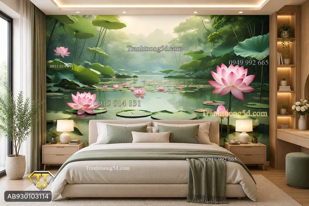 Tranh hoa sen dán tường phòng ngủ hồ sen bình yên ab930103114