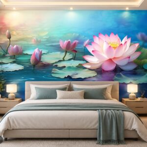Tranh hoa sen dán tường phòng ngủ sắc sen hồng trên hồ nước thanh bình ab697342577