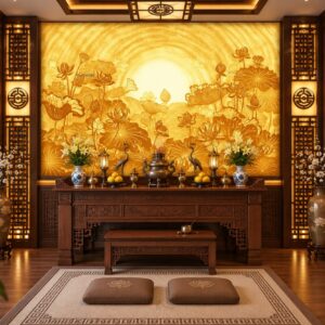 Tranh hoa sen trúc chỉ mặt trời vàng dán tường phòng thờ 51469