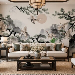 Tranh indochine dán tường phòng khách hạc tùng phong cảnh sơn thủy ab1720753804