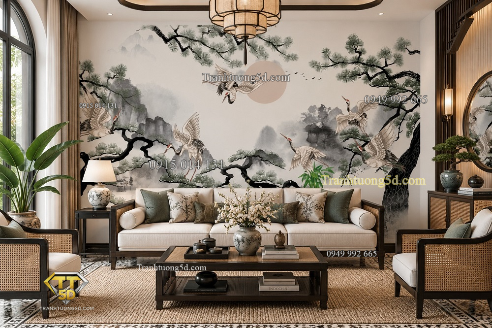 Tranh indochine dán tường phòng khách hạc tùng phong cảnh sơn thủy ab1720753804