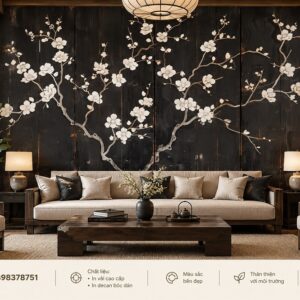 Tranh indochine dán tường phòng khách hoa trắng nền đen ab1398378751