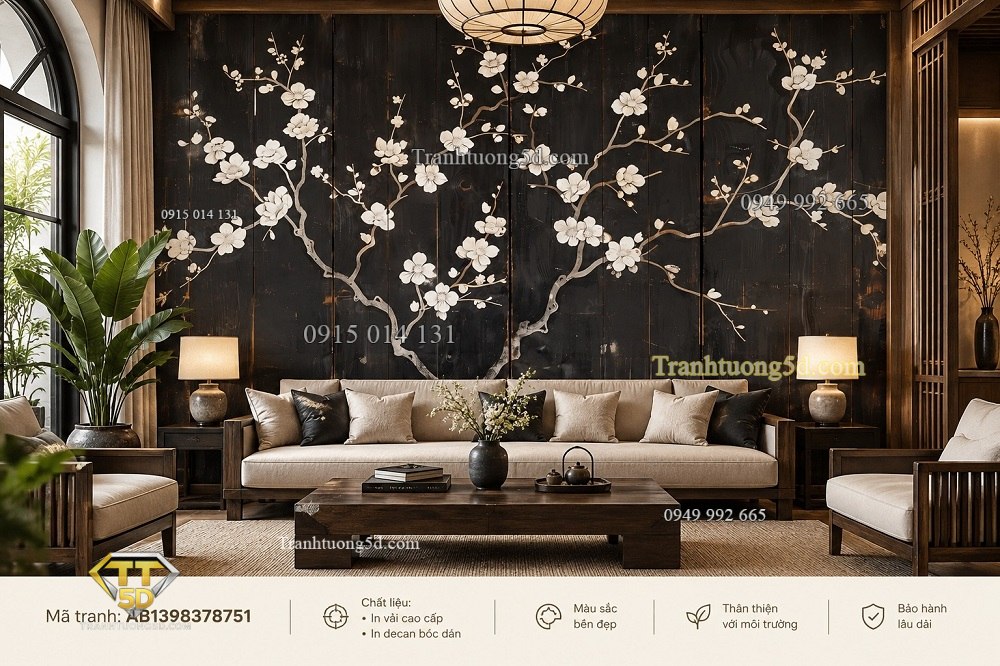 Tranh indochine dán tường phòng khách hoa trắng nền đen ab1398378751