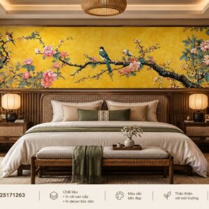 Tranh indochine dán tường phòng ngủ chim hoa mẫu đơn nền vàng ab925171263