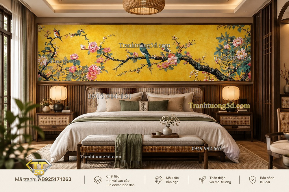 Tranh indochine dán tường phòng ngủ chim hoa mẫu đơn nền vàng ab925171263