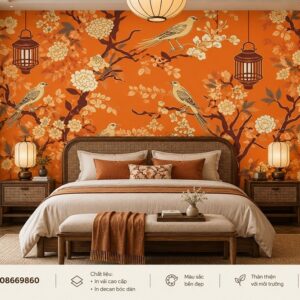 Tranh indochine dán tường phòng ngủ chim hoa nền cam ab608669860