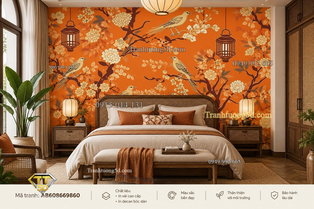 Tranh indochine dán tường phòng ngủ chim hoa nền cam ab608669860