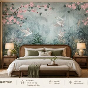 Tranh indochine dán tường phòng ngủ hoa đào chim hạc ab1920578831