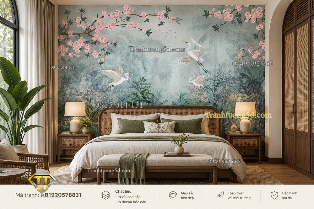 Tranh indochine dán tường phòng ngủ hoa đào chim hạc ab1920578831