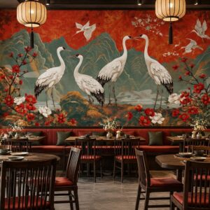 Tranh indochine dán tường quán ăn đàn hạc hoa đỏ núi non á đông ab774778479