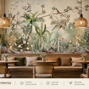 Tranh indochine dán tường quán cafe chim hoa nhiệt đới ab1807391722