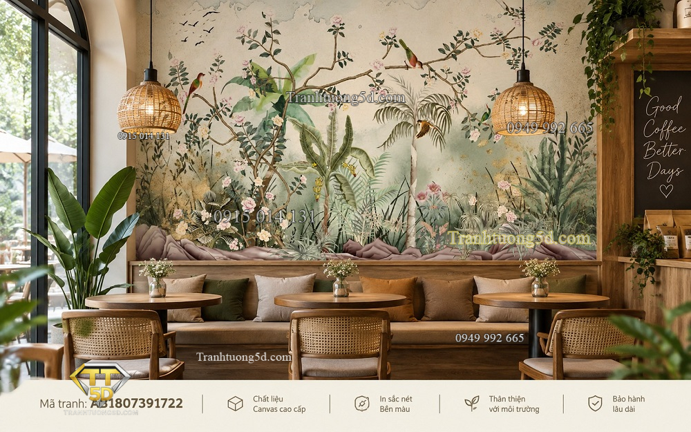 Tranh indochine dán tường quán cafe chim hoa nhiệt đới ab1807391722