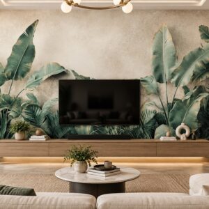 Tranh lá cây chuối nhiệt đới xanh be dán tường sau tivi phòng khách ab1035952671