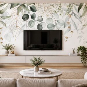 Tranh lá cây eucalyptus xanh pastel dán tường sau tivi phòng khách ab561050331