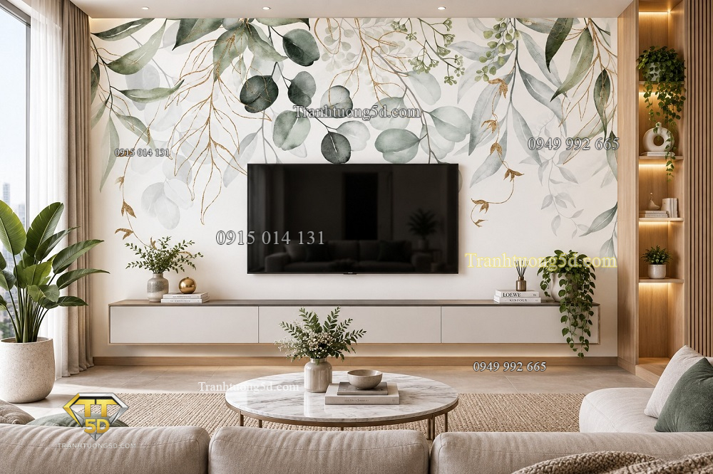 Tranh lá cây eucalyptus xanh pastel dán tường sau tivi phòng khách ab561050331