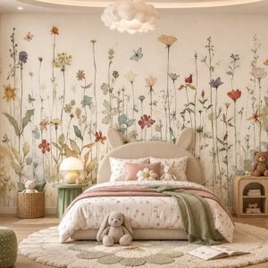 Tranh lá cây hoa dại màu nước dán tường phòng trẻ em ab596378768