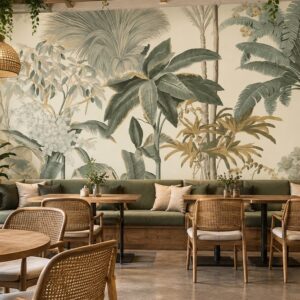 Tranh lá cây nhiệt đới xanh be dán tường quán cafe ab582034899