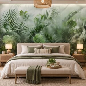 Tranh lá cây nhiệt đới xanh mờ dán tường phòng ngủ ab751280567
