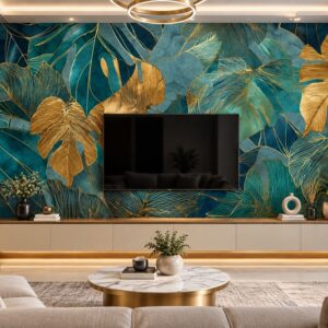 Tranh lá cây nhiệt đới xanh ngọc viền vàng dán tường sau tivi ab1925002311