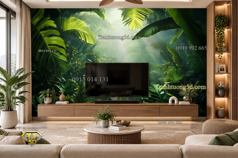 Tranh lá cây rừng nhiệt đới xanh mát dán tường phòng khách sau tivi ab1202754305