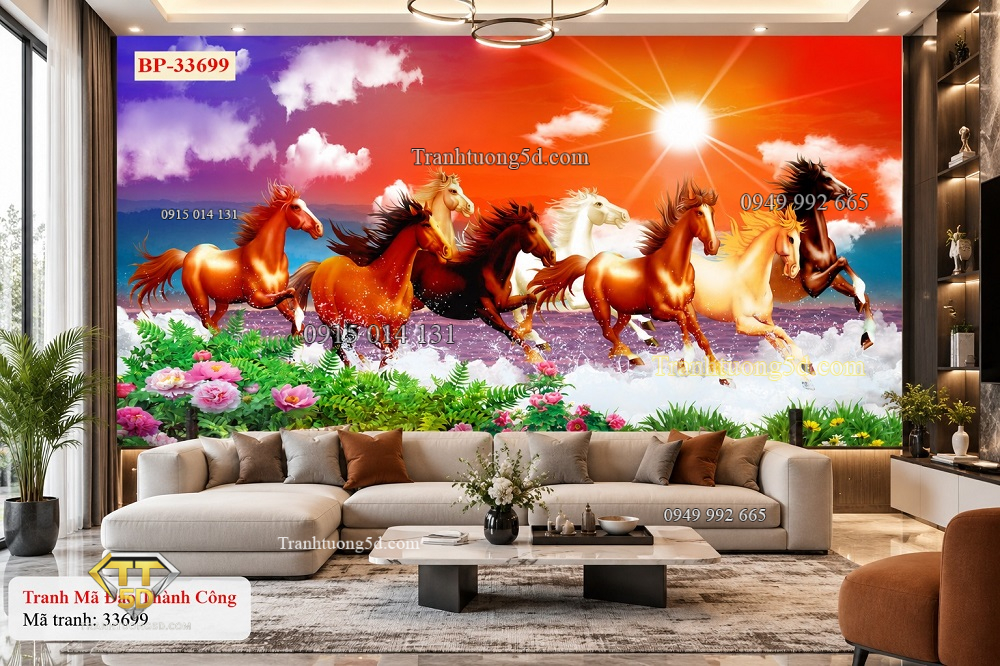 Tranh mã đáo thành công dán tường phòng khách bát mã biển hoa bình minh 33699