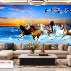 Tranh mã đáo thành công dán tường phòng khách bát mã biển xanh bình minh 33522