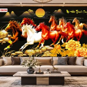 Tranh mã đáo thành công dán tường phòng khách bát mã hoa mẫu đơn 43836