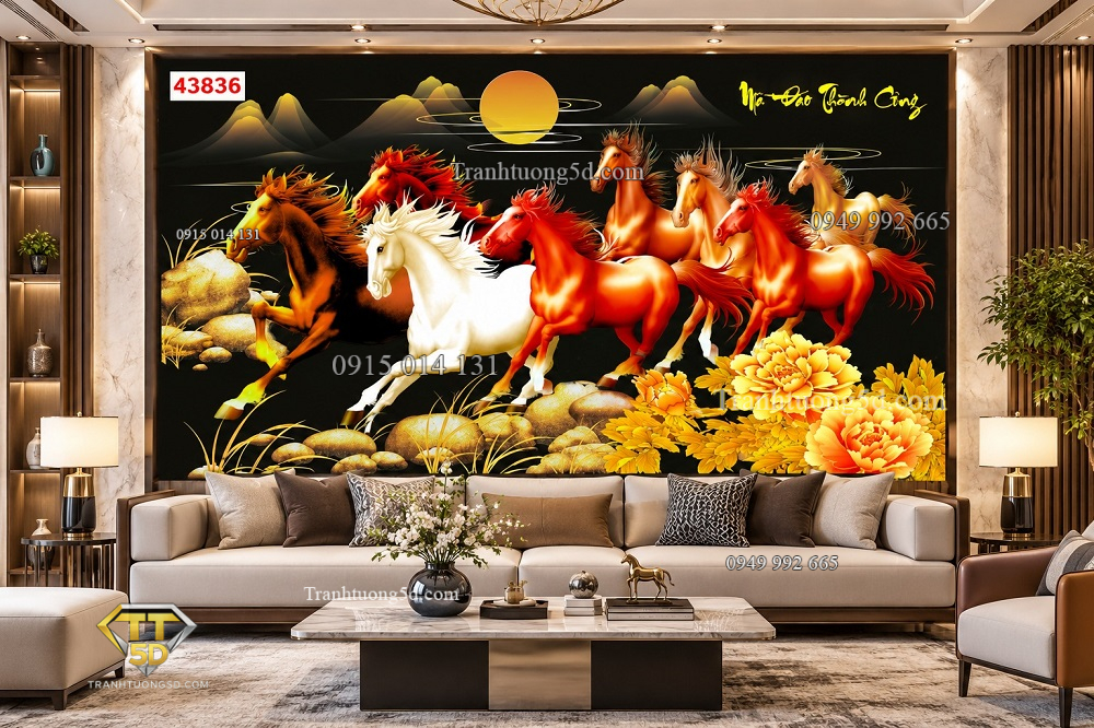 Tranh mã đáo thành công dán tường phòng khách bát mã hoa mẫu đơn 43836