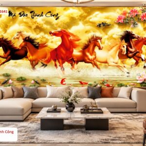 Tranh mã đáo thành công dán tường phòng khách bát mã hoa sen phú quý 41641