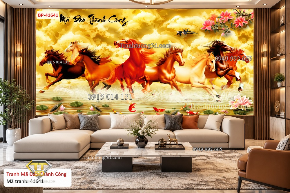 Tranh mã đáo thành công dán tường phòng khách bát mã hoa sen phú quý 41641