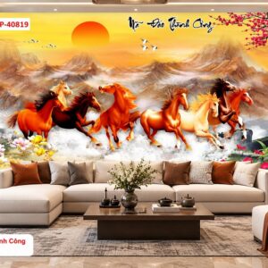 Tranh mã đáo thành công dán tường phòng khách bát mã núi non bình minh 40819